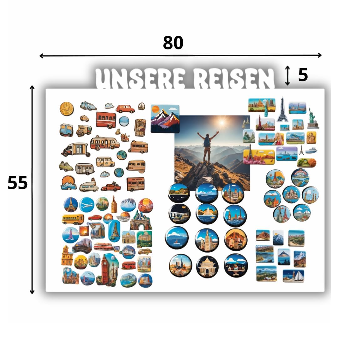 Magnettafel Unsere Reisen Weiß 80x55 cm | Magnetisches Stahlboard für Magnete, Fotos und Notizen, Beschreibbar, Montageset inklusive