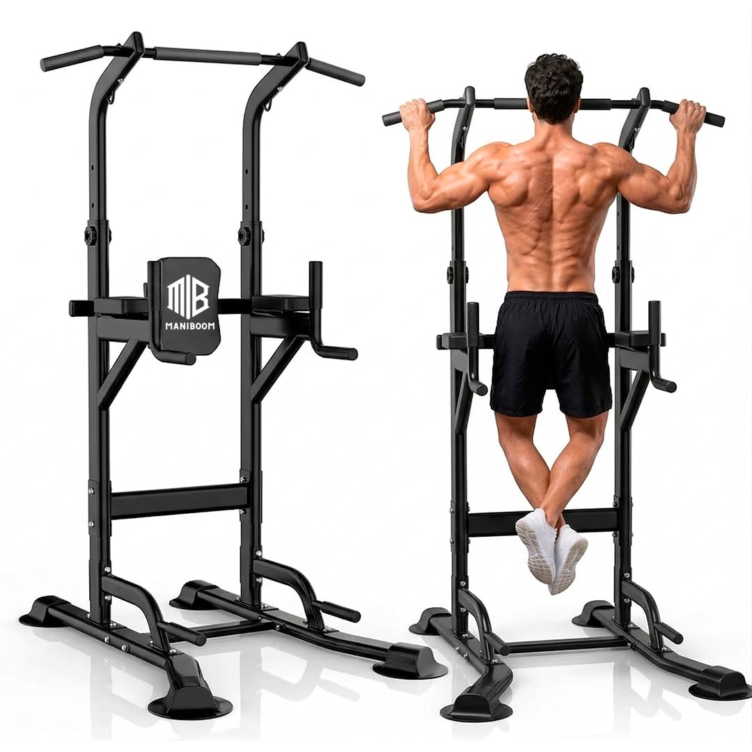 ManiBoom "ROCCIA SOLIDA" Barra Trazioni Autoportante (220KG) - Power Tower Regolabile (165-235cm) con Base Antiribaltamento per Calisthenics, Dips e Trazioni a Casa