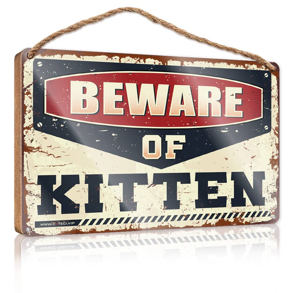 DTHA Hanging Plaque Wooden Beware Of Kitten Wooden Sign No Solociting Signs Funny Wood Hanging Sign(23X35CM)