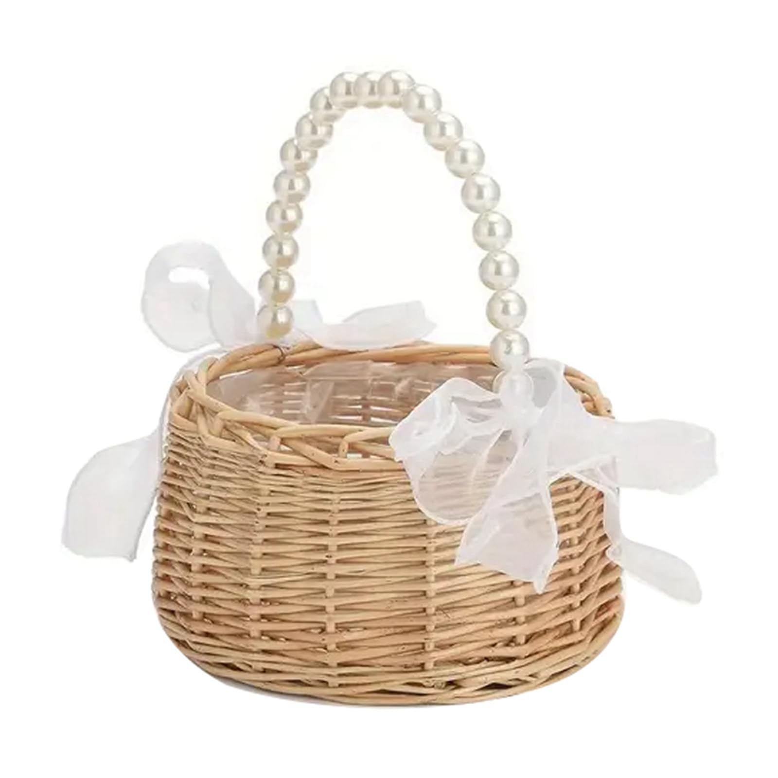 Flower Girl Basket Small Wicker Basket with Handle Boho Rustic Rattan Baskets for Weddings Bow Pearl Decorative Wedding Basket for Flower Girls