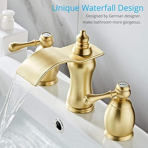 Miniatura 9 de Wovier Grifo de lavabo de baño generalizado de cascada de níquel cepillado, dos manijas y tres agujeros, grifo mezclador de lavabo de 8 a 16