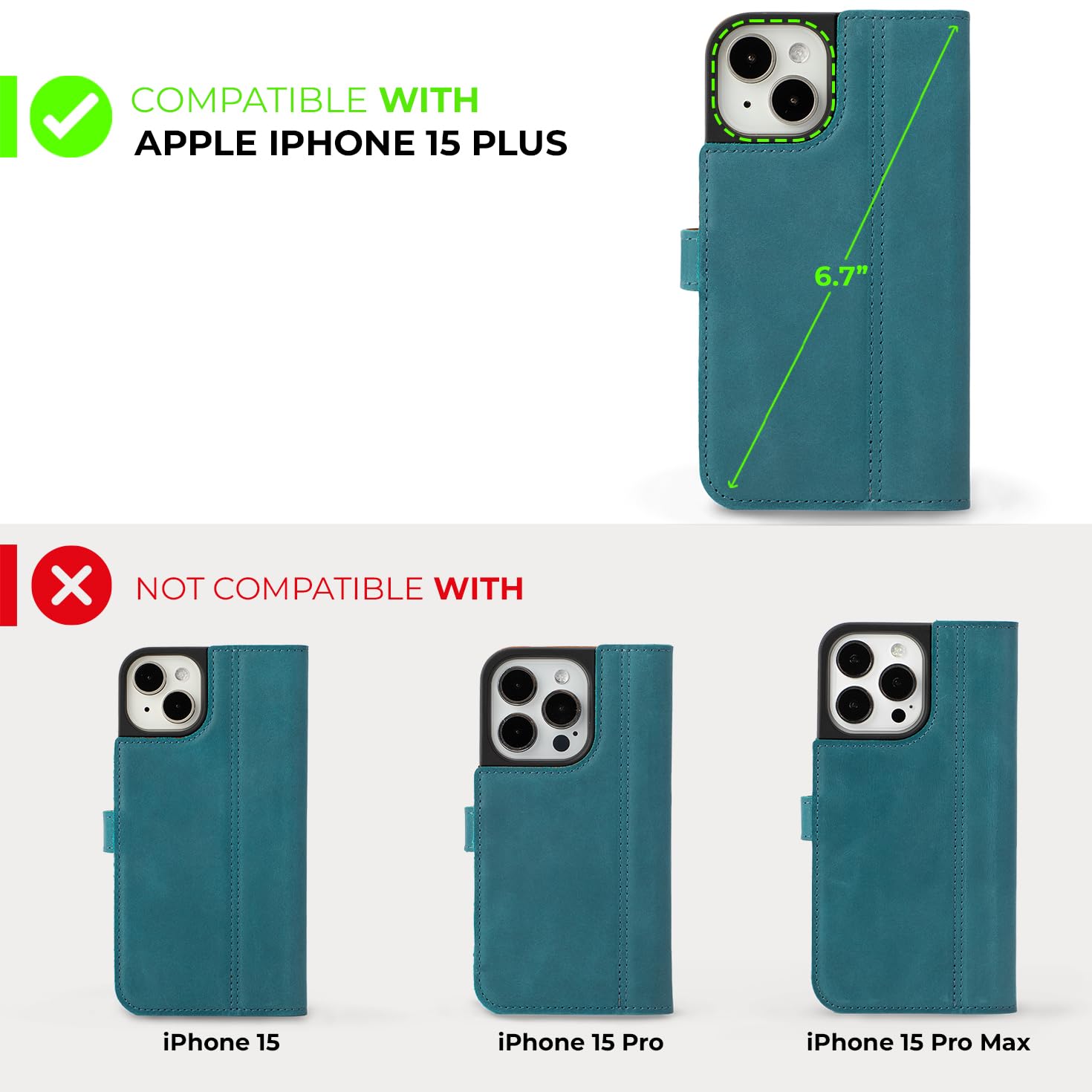 Snakehive Leather Wallet for iPhone 15 Plus - Real Leather Wallet Phone Case - Genuine Leather with Viewing Stand and 3 Card Holder - Flip Folio Cover with Card Slot (Teal)