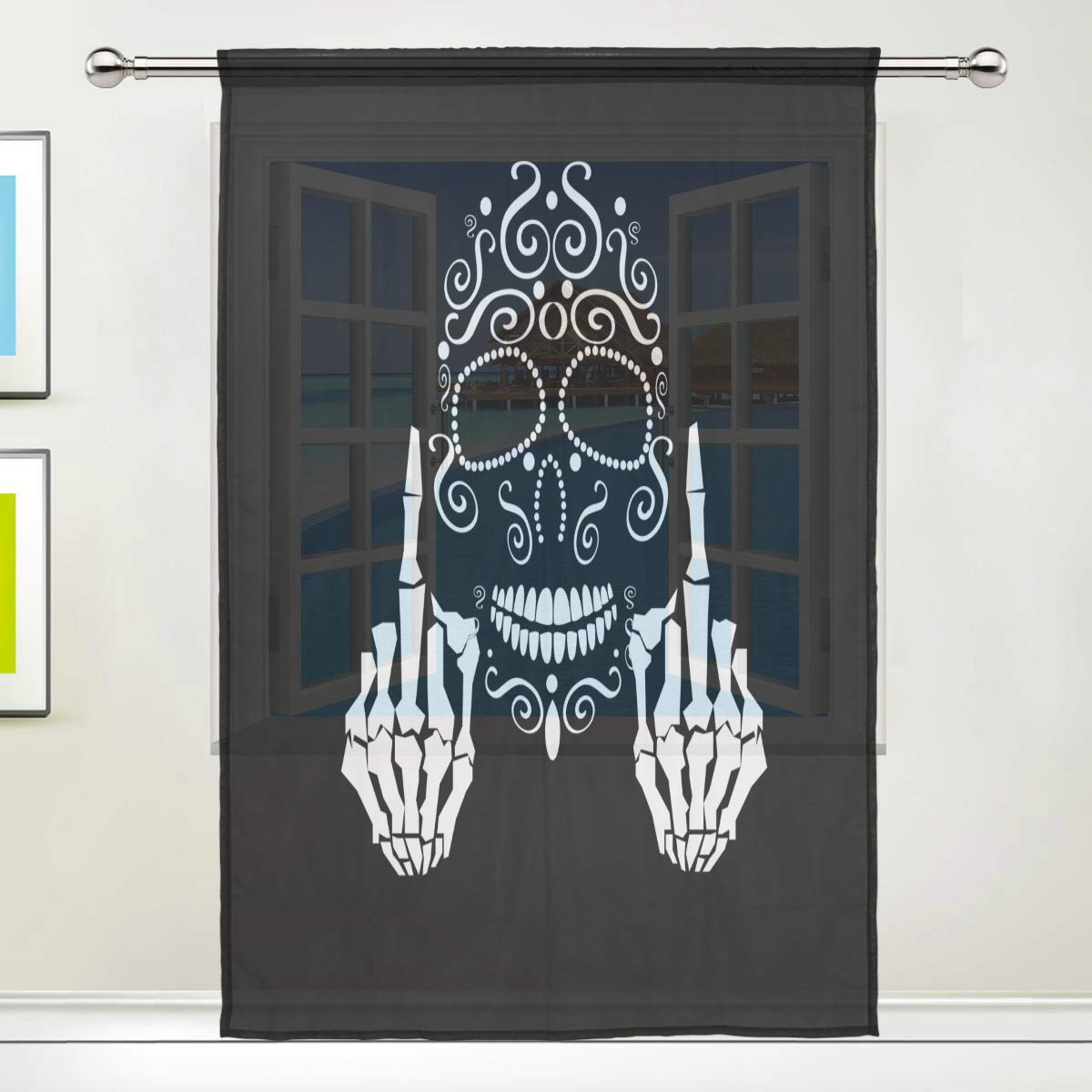 N/E RXYY Voile Window Sheer Curtain Ethnic Sugar Skull Middle Finger Up Black Panel Drapes kitchen Living Room Decor Bedroom Door Office 55x84 inches, 1 Panel