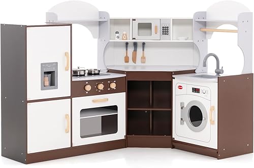 Miniatura 1 de Costzon Juego de cocina de esquina para niños, cocina de madera con lavadora, campana extractora, máquina de hielo, microondas, horno, fregadero,