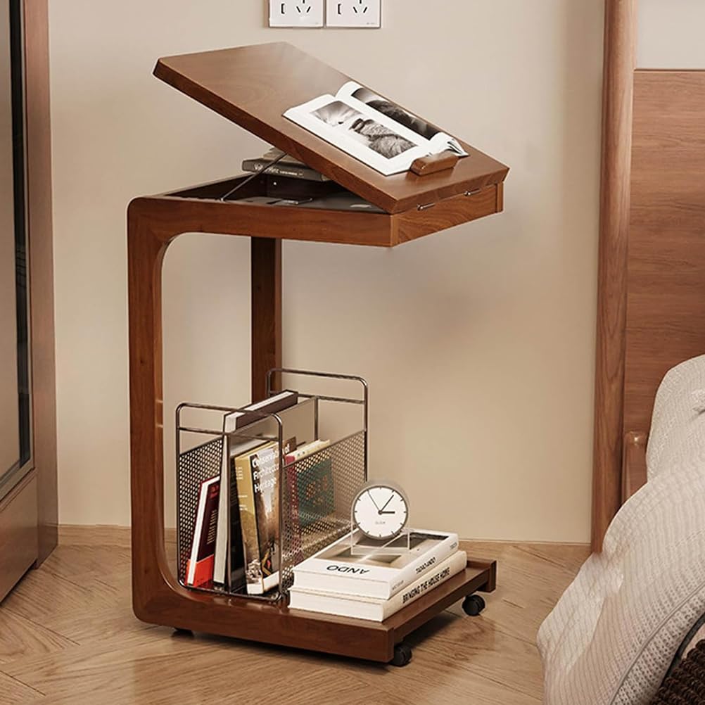 SXZenSpace Solid Wood Adjustable Desktop TV Tray Table with Wheels, C-Shaped End Tilt Angle,Side Tables for Couch,Living Rooms,Bedrooms,walnut,A