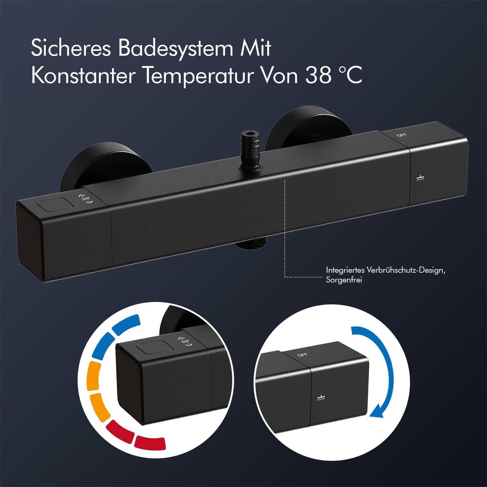 HOMELODY Duschsystem mit Thermostat & Duschablage Schwarz - Duscharmatur Komplettset mit Handbrause & Kopfbrause - Höhenverstellbar, 38 °C Sicherheitssperre, Wandmontage für modernes Badezimmer