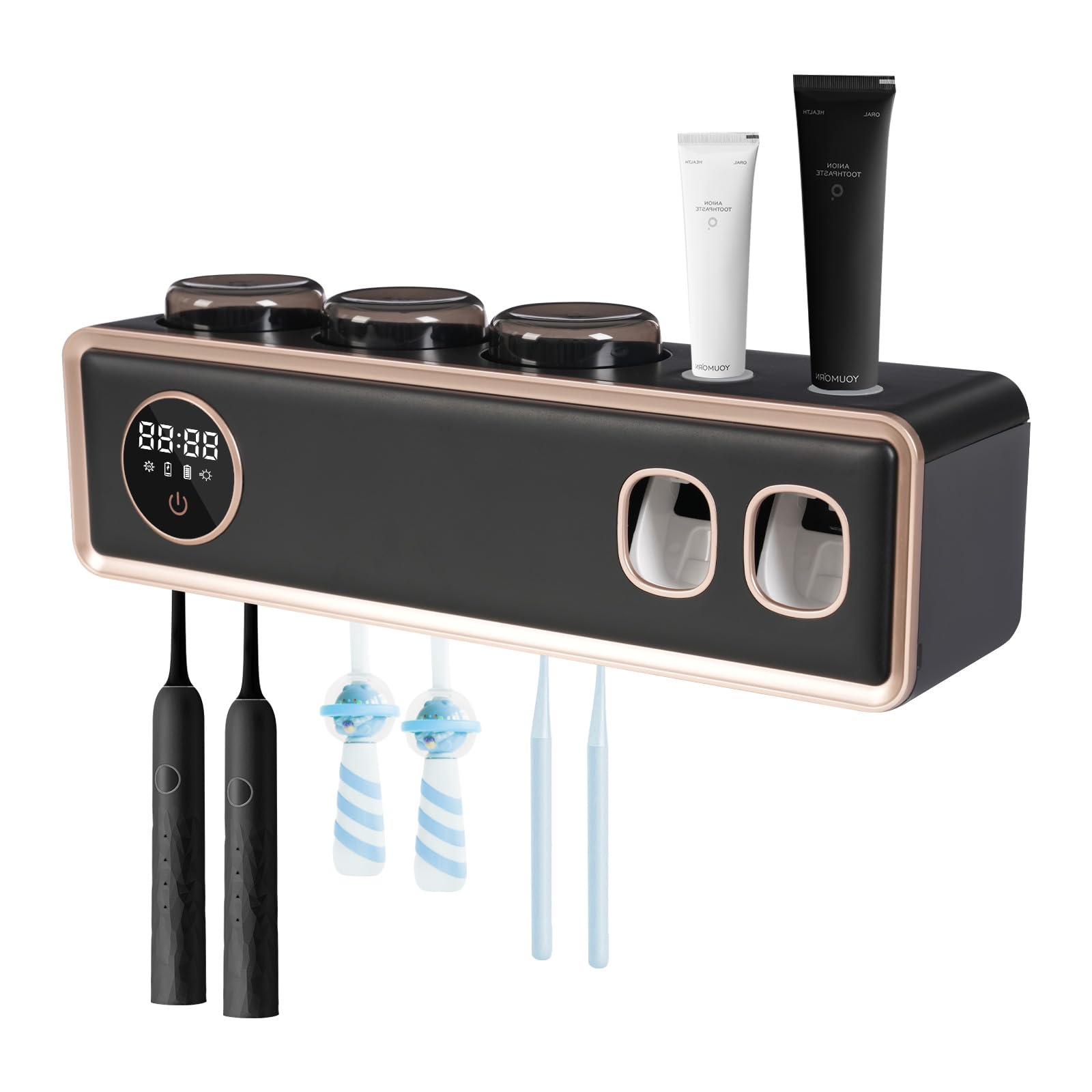 Cepillo de dientes desinfectante UV, soporte para cepillo de dientes con indicador LED, montaje en pared, dispensador de pasta de dientes, recargable por USB, 30 días con una sola carga (negro)