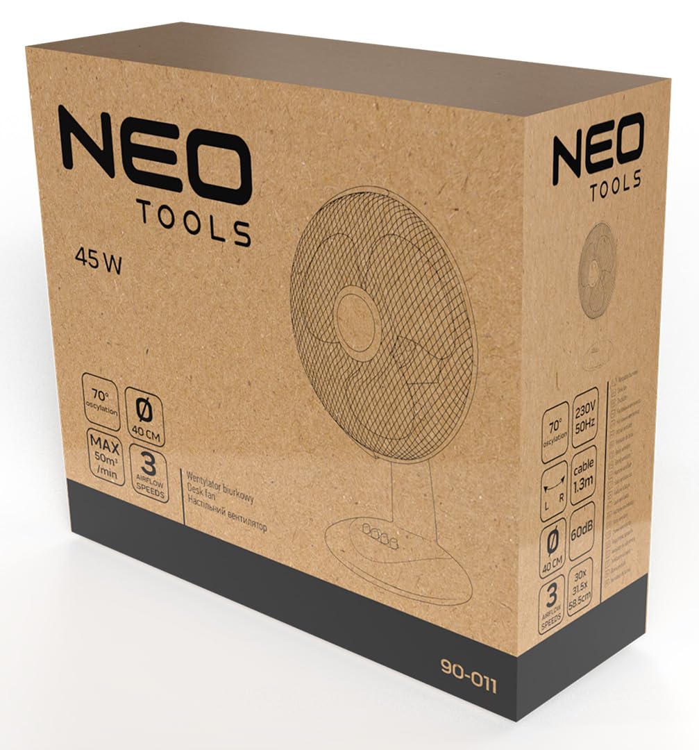 NEO TOOLS Tischventilator 45W - 70° Oszillation, 3 Geschwindigkeiten, 50 m³/min Luftstrom, Leiser Betrieb, Kompakt Ventilator für Büro, Schlafzimmer & Zuhause