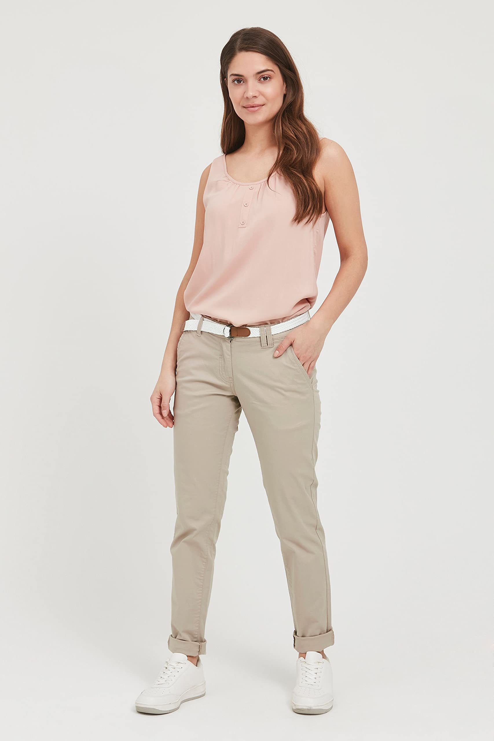 OXMO OXChakira Damen Chino Hose Stoffhose mit Gürtel Stretch Eingrifftaschen Baumwollmischung Regular fit