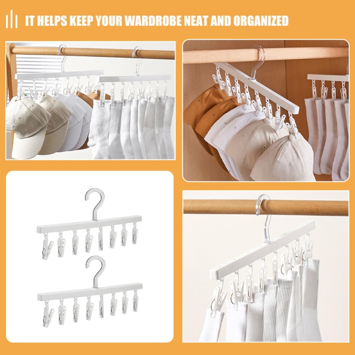4pcs Socks Drying Rack with 8 Clips, Rotating Hanger for Shirts