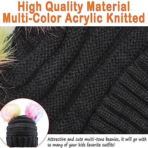 Kids Girls Boys Multi-Color Ear Double Pom Pom Beanie Hat Winter Warm Rib Knitt Ski Hats (Age 7-15)3
