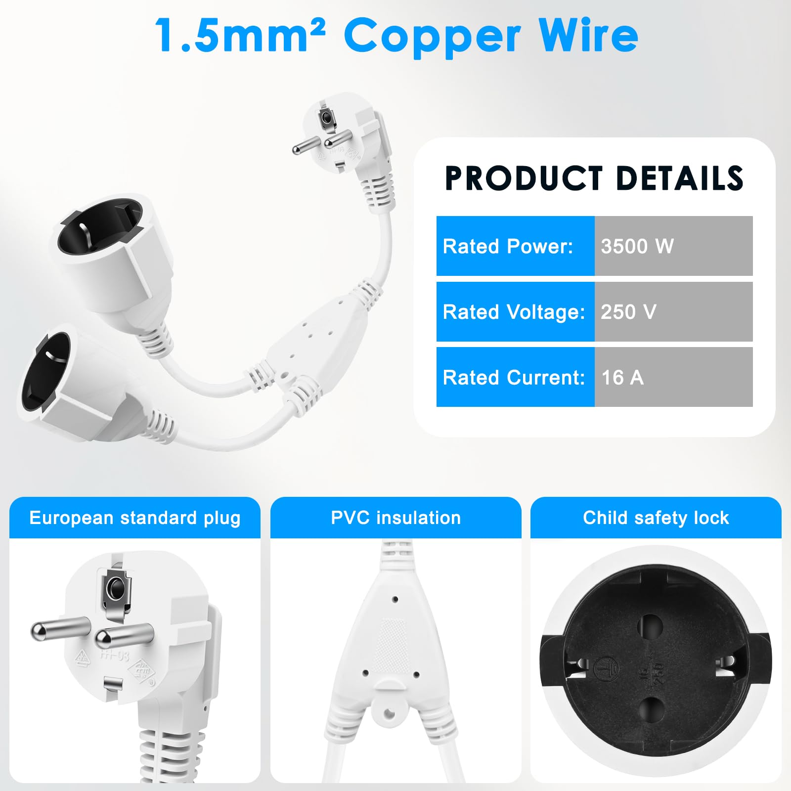 Podwójna Wtyczka do Gniazdka, Adapter Gniazdka Dwudrożny, 250V, 16A, 3680W, do Domu, Biura, Kuchni, Kompatybilny z Komputerem, Laptopem, Drukarkami i Sprzętem Biurowym