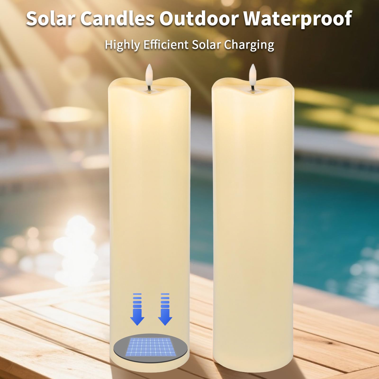 Velas solares grandes sin llama para exteriores, 4 x 14 pulgadas, velas parpadeantes recargables de energía solar, velas falsas de plástico impermeables para decoración de porche y patio (blanco