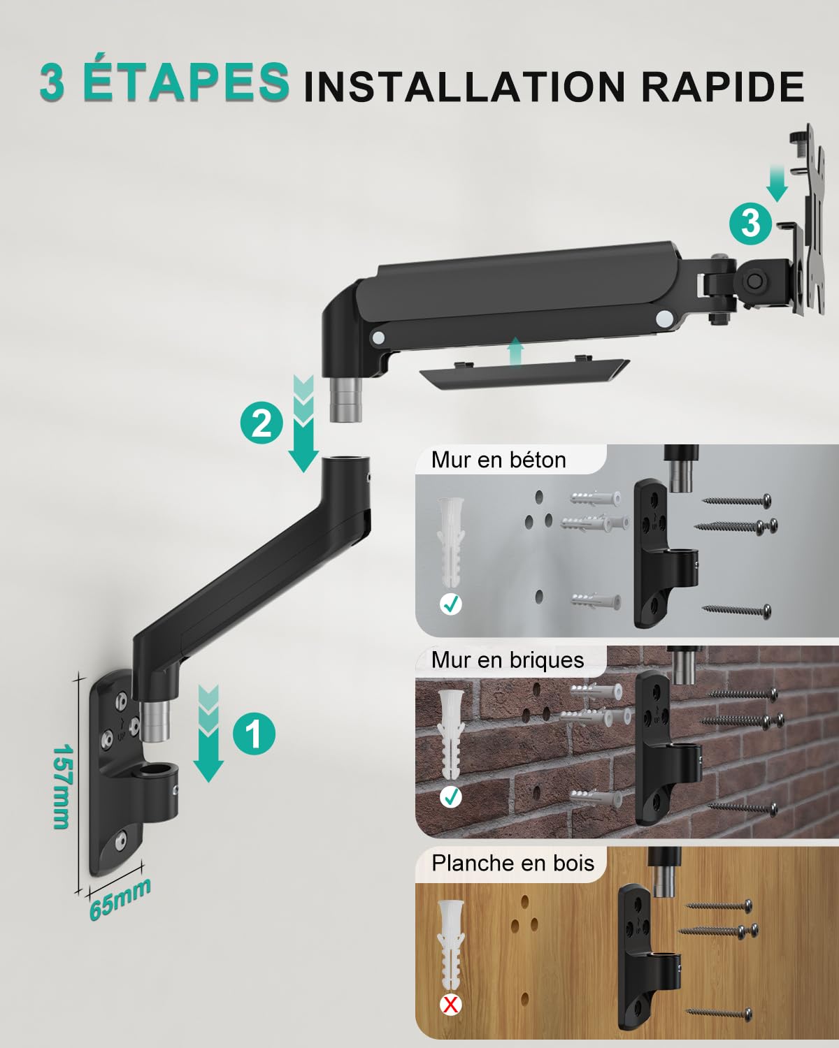 WALI Support Mural Ecran PC pour Écrans LED/LCD/TV 17-32 Pouces,Réglable Pivotant Inclinable,Charge 10 kg, Extension 49 cm,VESA 75/100 mm (GSWM001),Noir