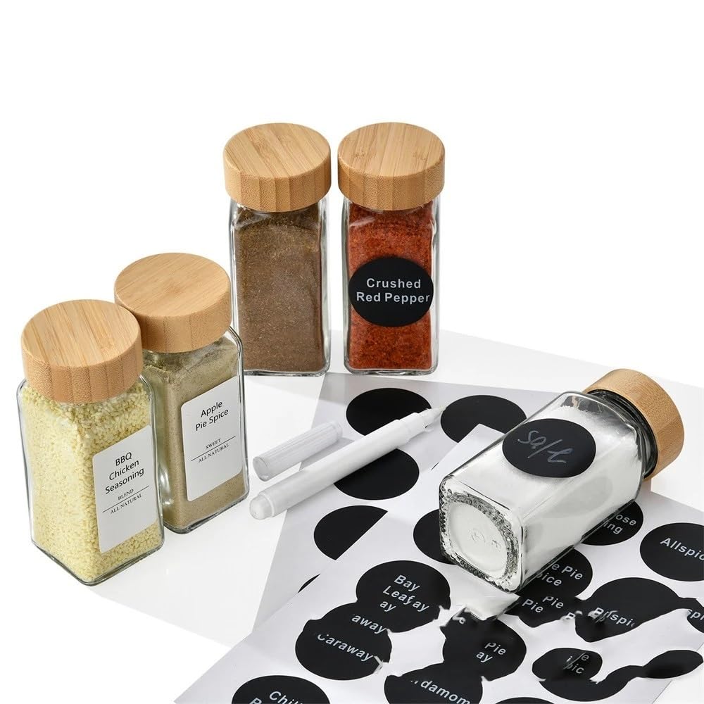 3 tarros de especias de vidrio con cubierta de madera, cuadrados, transparentes, para almacenamiento de condimentos, cocina, sal, especias, pimienta molida, herramientas de sellado (6 onzas)