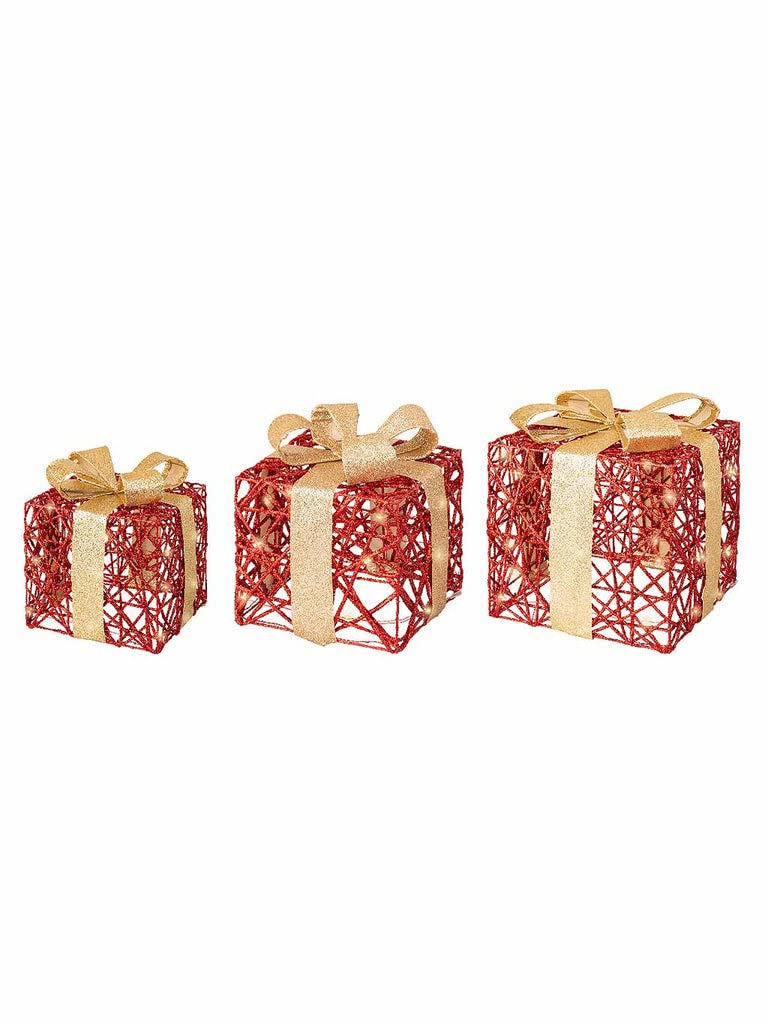 Juego de 3 paquetes de regalo rojo dorado 30 LED luz cálida