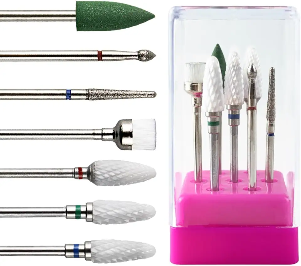 Kit 7 Brocas Unhas Cerâmica Diamantada Limpeza + Suporte