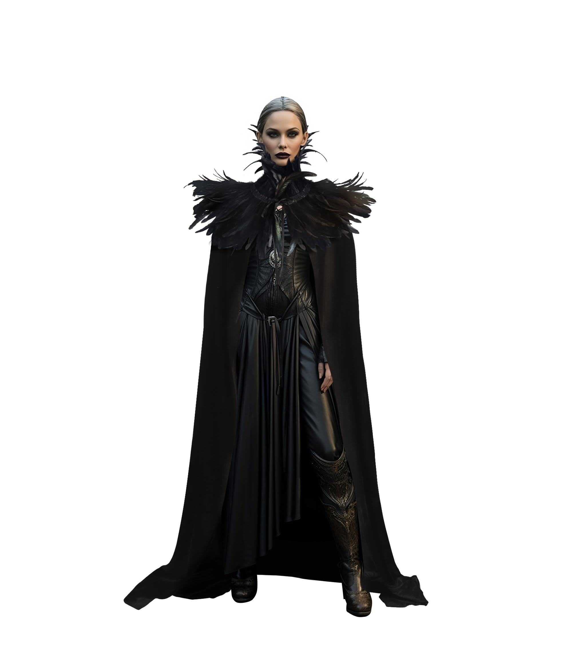 HOMELEX Evil Queen Horns with Feather Cape Shawl Set Black Halloween Costume for Women