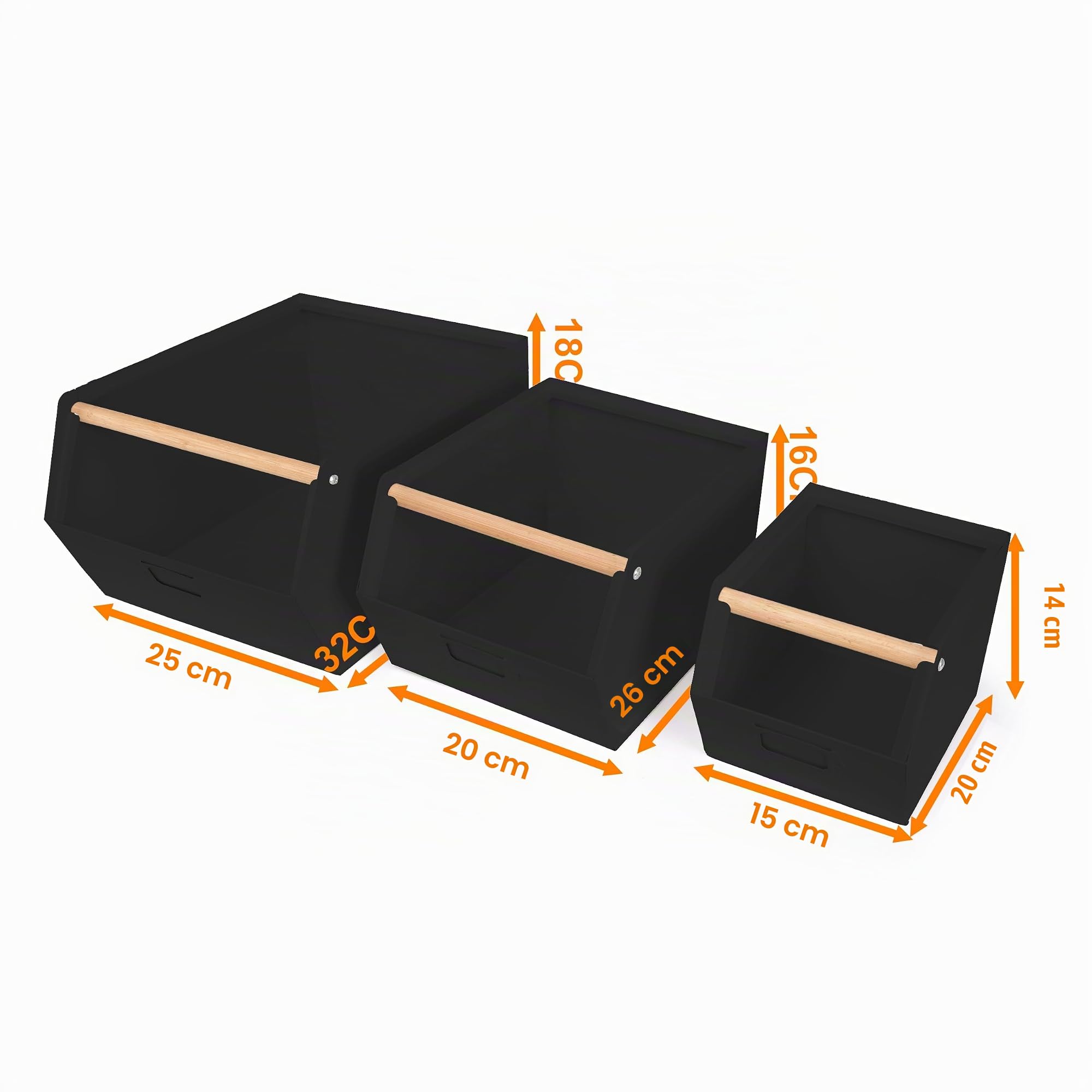 XZ-22276-2 Juego de 3 Cajas de Metal Apilables con Mango de Madera - Organizadores Multiusos para Cocina, Oficina o Hogar - Fuertes, Elegantes y Duraderas (Negro)