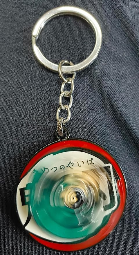 Image of Demon Slayer Tanjiro Keychain, Round Metal Anime Keyring, Green Checkered Manga Accessory for Backpacks, Car Keys, Souvenir Gift