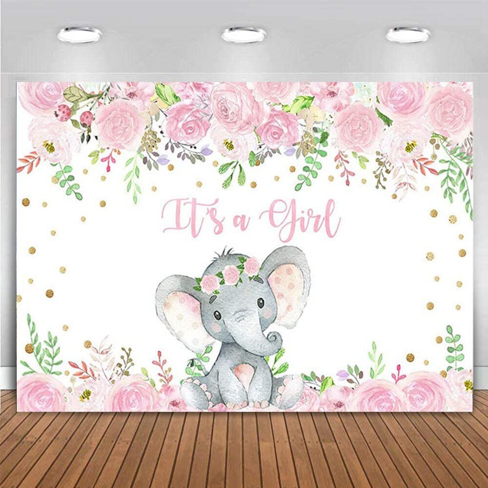 Tło słonia dla dziewczynki, baby shower różowe kwiaty, baner, baner, plakat na ścianę, stoisko, poografia, tło dziecka, to dziewczynka