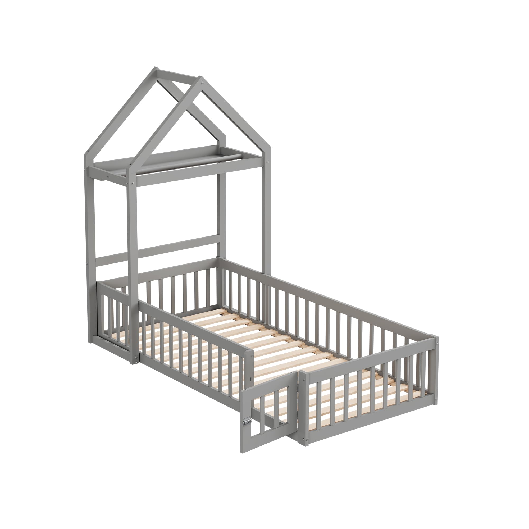 Merax Kinderbett 90x200 cm, Bodenbett mit Rausfallschutz, Hausbett mit Stauraum und Lattenrost, für Jungen & Mädchen, Grau (Ohne Matratze)