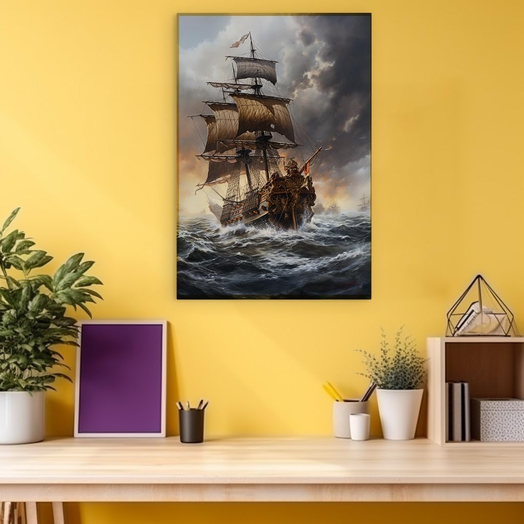 Canvas for Living room. Stormy Seas and Skull Flags: A Pirate Ship's Perilous Voyage, 27 x 18 inch Canvas Wall Art - Modern Home Decor