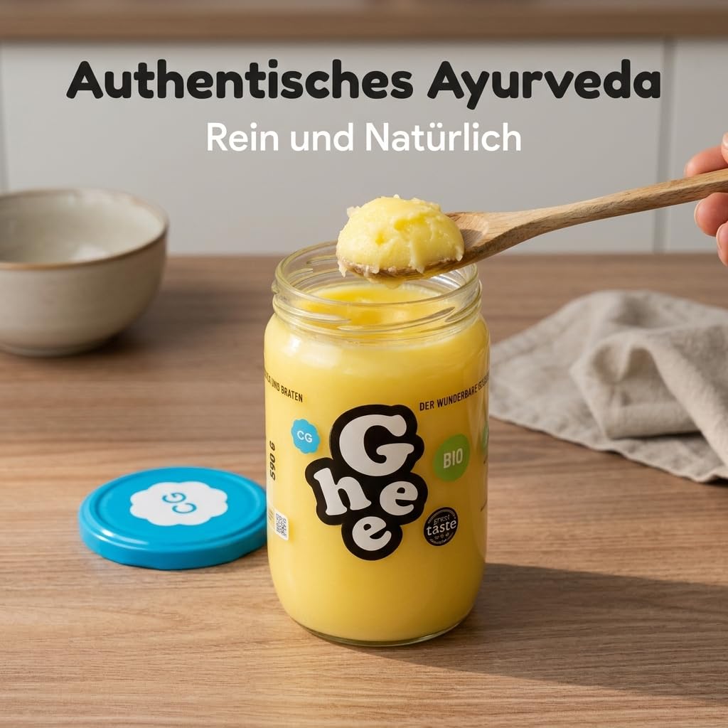 Ghee Bio Butterschmalz 590 g, Geklärte Butter, Laktosefrei | Grasgefüttert, Ayurveda-Qualität, zum Braten Kochen Backen, glutenfrei, ohne Zusatzstoffe, Great Taste Award, 100% EU