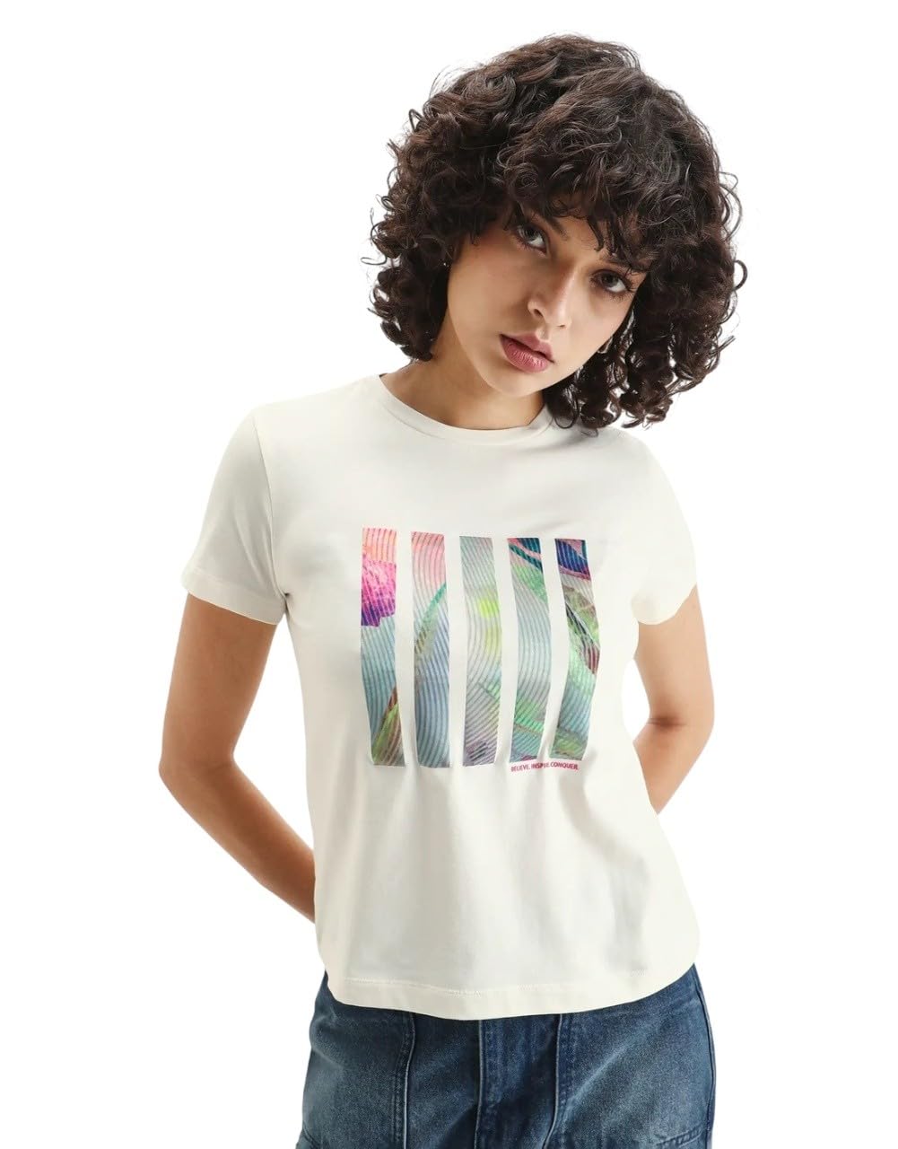 rareism Women's Merch Off White Cotton Blend Crew Neck Graphic Print Regular Fit T-Shirt-picture-11