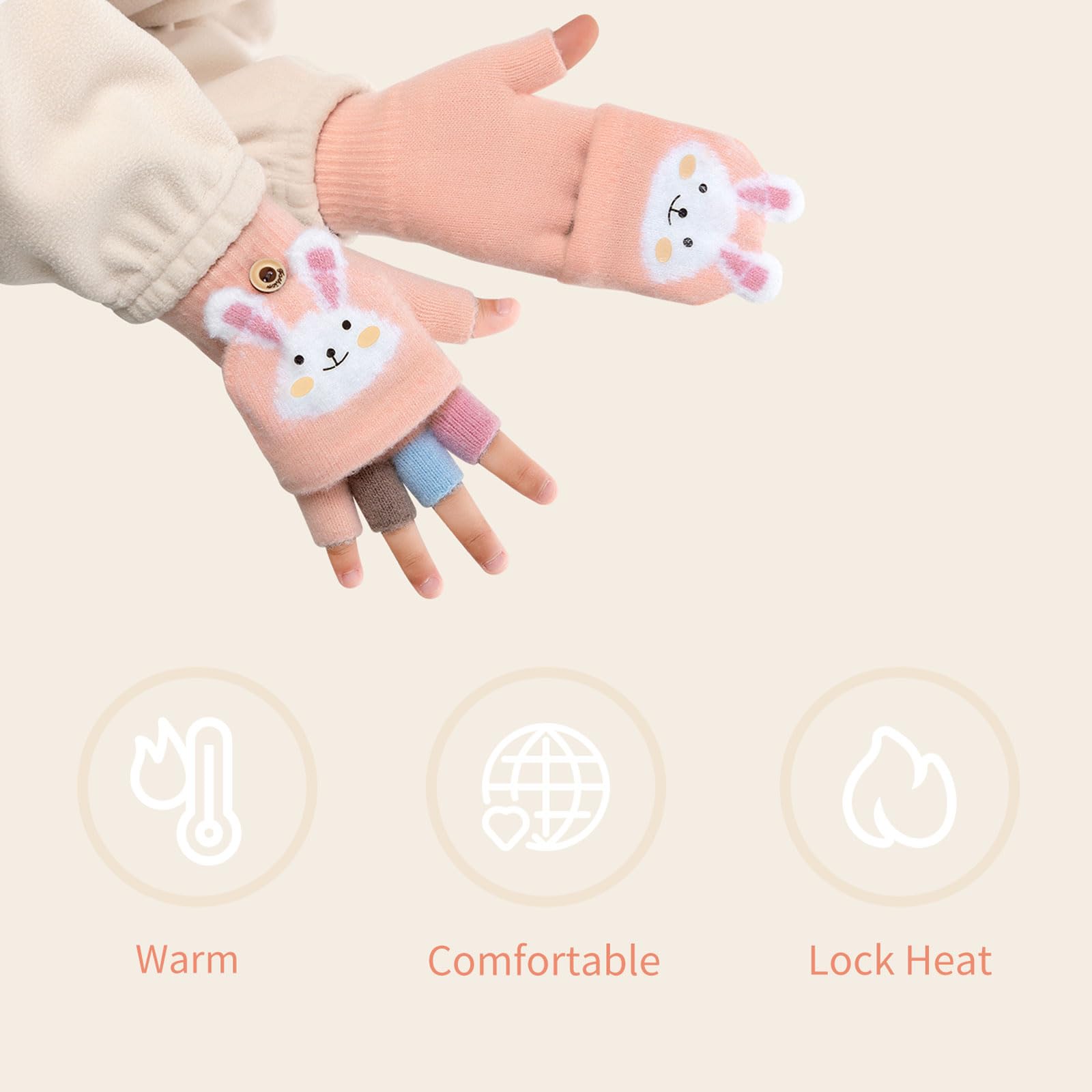 Guantes para niños sin dedos Invierno cálido convertible Flip Top Guantes suave forro de punto y elástico Cute Cartoon para Niños Niño Niñas 7-10 Años