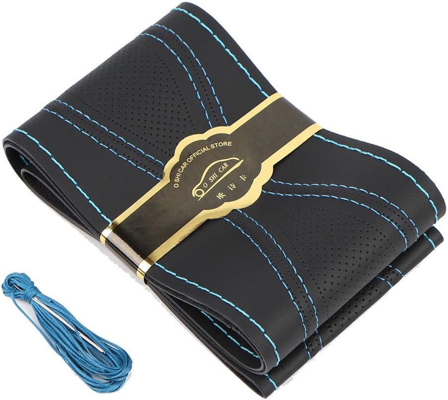Micro Fiber Leather Car Steering Wheel Cover Stitch On Wrap with Needle & Thread Anti-Slip Auto Steering Cover Tundra 14.1 Inch for Hyudnai IX35 Etc Blue