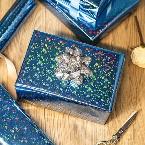 Wikadlik Blaues Holographisches Geschenkpapier, Niedliches Sternen-Geschenkpapier für Vatertag, Geburtstag, Hochzeit, Brautdusche, Babyparty