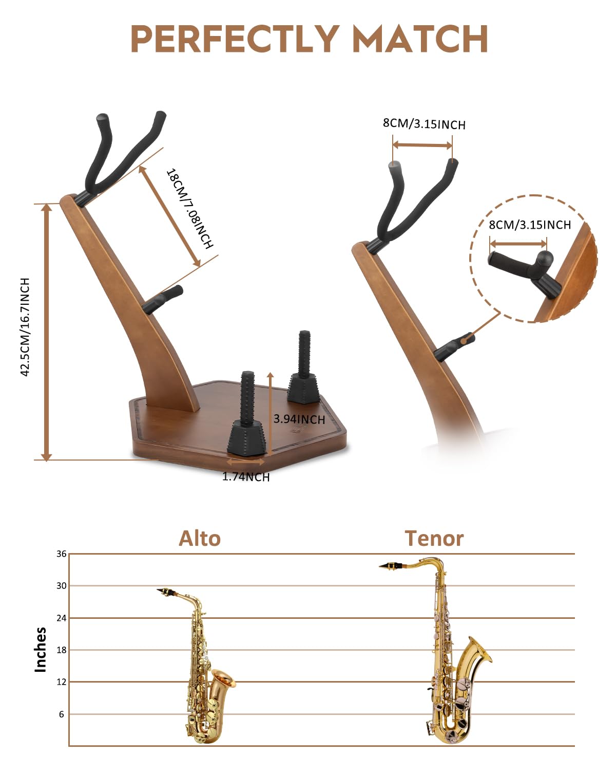 STRICH Supporto in legno per sassofono contralto e tenore realizzato a mano in legno massello color noce, base pesante con 2 supporti per flauto clarinetto