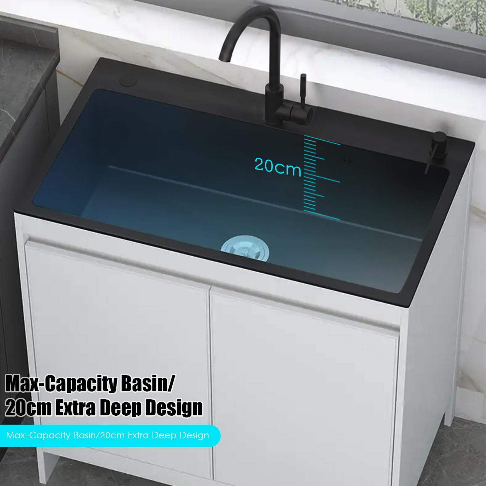 Lavello da Esterno Nero 68cm con Mobiletto, Lavandino da Giardino Freestanding in Acciaio Inox con Sifone e Accessori, Per Giardino, Garage, Lavanderia e Cantina