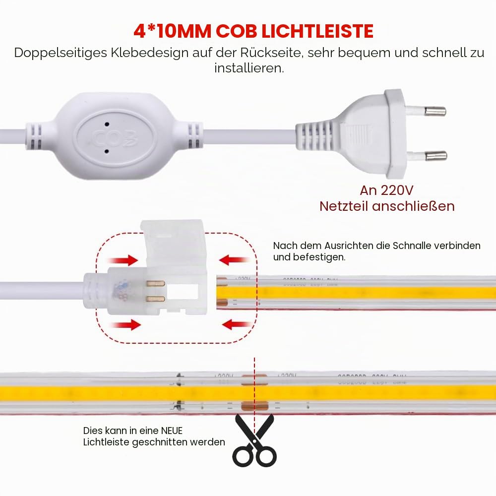 25m COB LED Band Selbstklebend, 220V 288LEDs/M FCOB LED Streifen, Superhell Warmweiß Flexibler COB LED Lichtband für Weihnachten, Halloween, Urlaub, Innendekoration und Beleuchtung