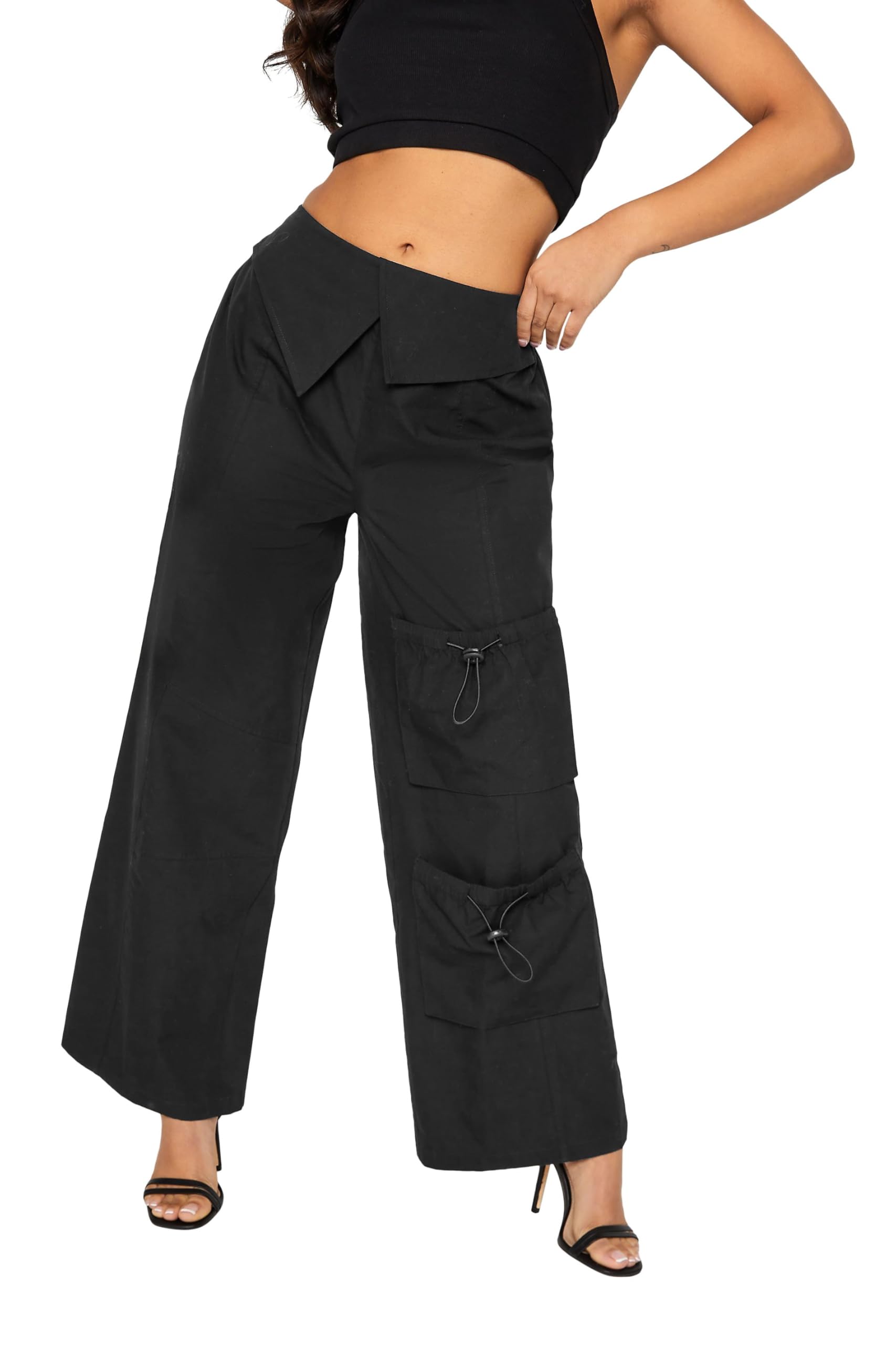 Pixiegirl Women's Black Petite Fold Over Waist Cotton Cargo Trousers Petite