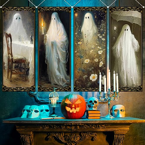Patiai X1 Halloween Decorations Vintage Halloween Decorations 4 Pcs Vintage Halloween Hanging Banner Ghost Holding A Candle Photo Banner Backdrop thumb #2