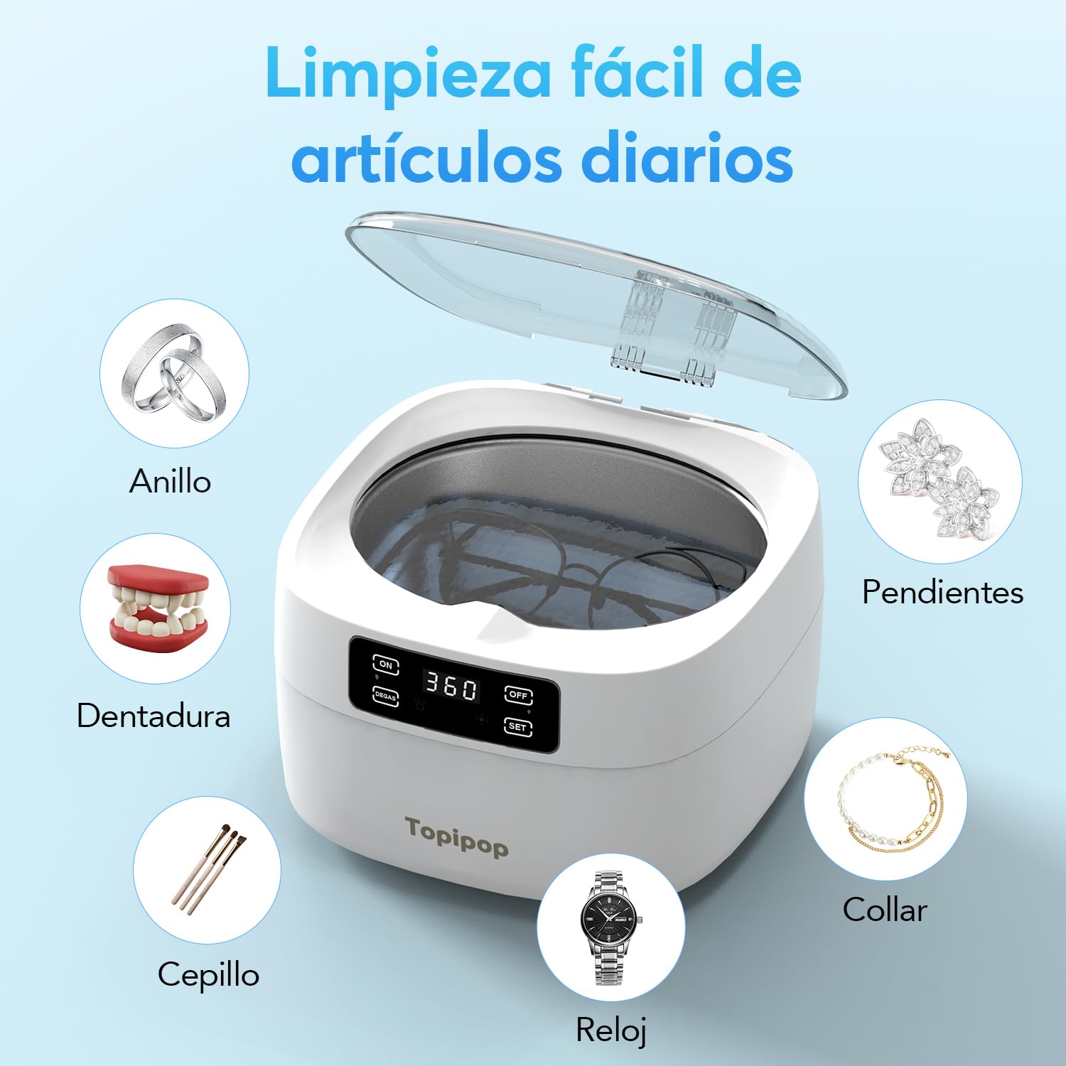 Topipop Dispositivo de limpieza ultrasónica, 48000 Hz, limpiador ultrasónico, 750 ml, limpiador ultrasónico de 5 modos, para limpiar gafas, joyas, relojes, anillos, cuchillas de afeitar, etc. (blanco)