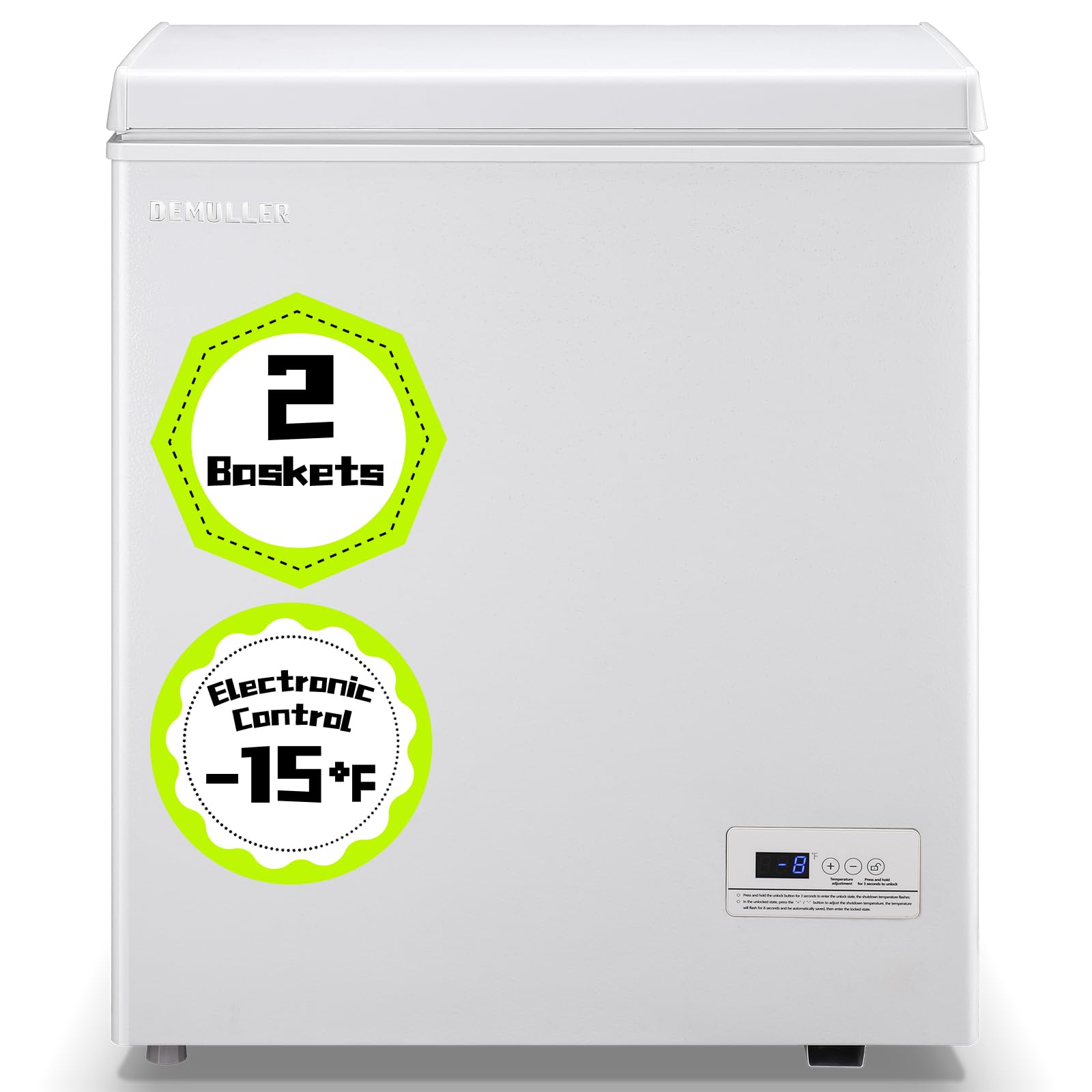 DEMULLER Small Mini Chest Freezer with 2 Hanging Baskets Electronic Control to 1℉Top Open Door Open Freezer Energy Saving Quiet Operation Perfect for Dorm, Garage and RVS, White