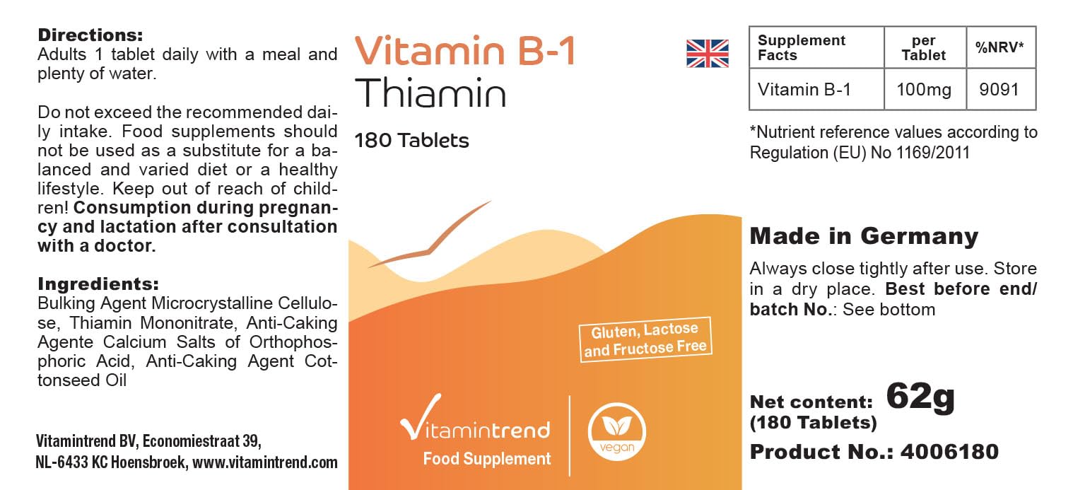 Vitamintrend Vitamine B1 hautement dosée 100 mg, 180 comprimés, thiamine, complément alimentaire vegan sans additifs, fabriqué en Allemagne