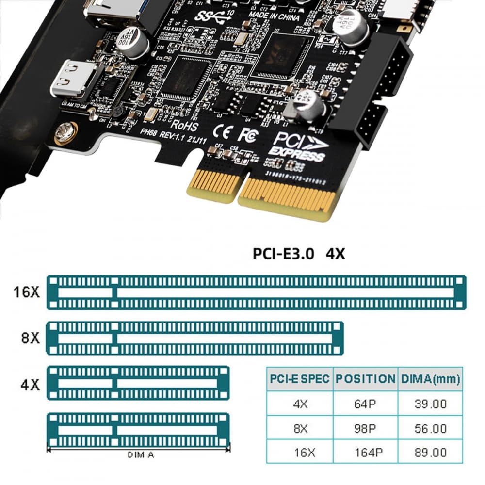 CY Adaptateur 10 Gbit/s Type-E USB 3.1 Prise Frontale et USB 3.0 19 broches/20 Broches et Type-A USB-C vers PCI-E Express Card Adapter ASM3142 VL822