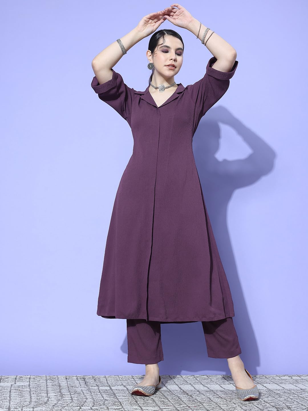 Varanga Women Mauve Shirt Collar Neck A-Line Kurta With Three-Quarter Roll-Up Sleeves, Front Slit, Paired With Tonal Bottom