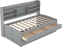 Vista 7 de Harper & Bright Designs Sofá cama individual de almacenamiento con nido, cajones, estantería, marco de cama de capitán individual de madera maciza