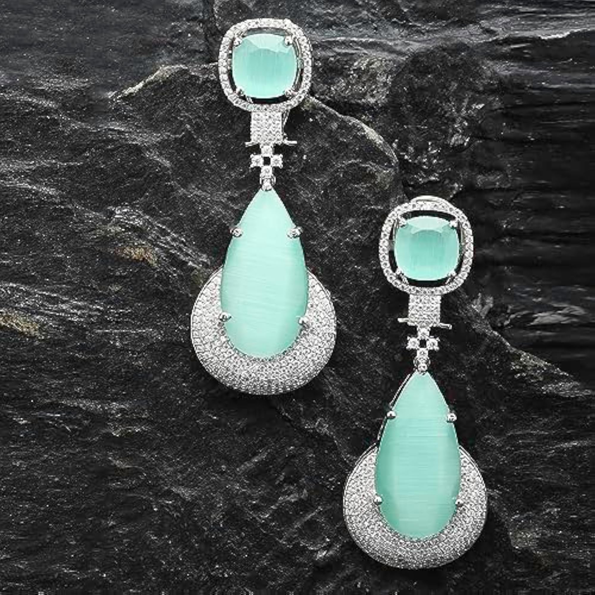Rhodium-Plated Teardrop Drop Earrings With American Diamond Studs
