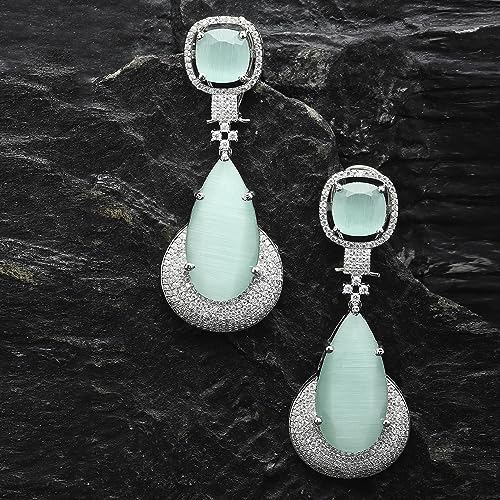 Rhodium-Plated Teardrop Drop Earrings With American Diamond Studs