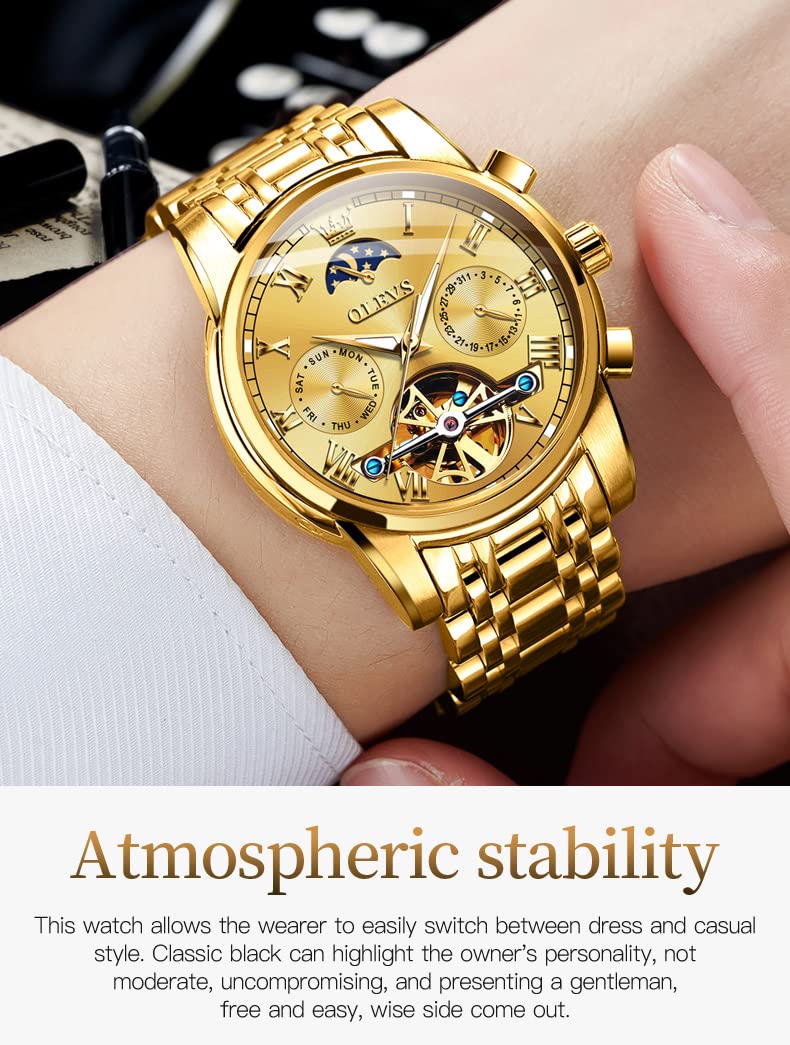 OLEVS Par de relojes automáticos para parejas para hombres y mujeres, para él y para ella, juego de regalos mecánicos Tourbillon de cuerda automática, reloj de pulsera con calendario de día, fecha,