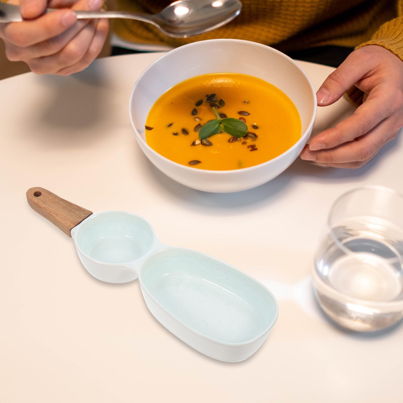 Tazón para Servir Bocadillos de Cerámica con Asa de Madera, Diseño Multi-rejilla, Portátil y Ligero para Restaurante y Tienda de Alimentos
