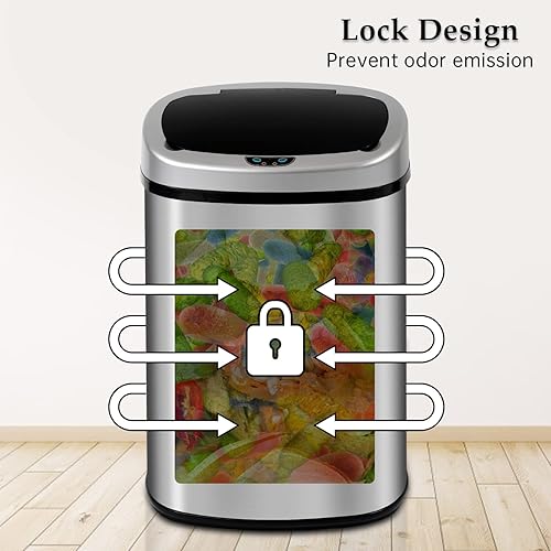 Miniatura 5 de GINMAON Bote de basura automático de acero inoxidable de 13 galones con tapa, cubo de basura cepillado de gran capacidad con sensor de movimiento,