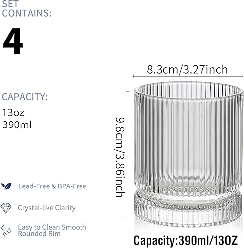 Miniatura 2 de Juego de 4 vasos de vidrio acanalado, vasos de vidrio vintage de 10.3 fl oz, vasos de cóctel, cristalería acanalada de bola baja, juego de