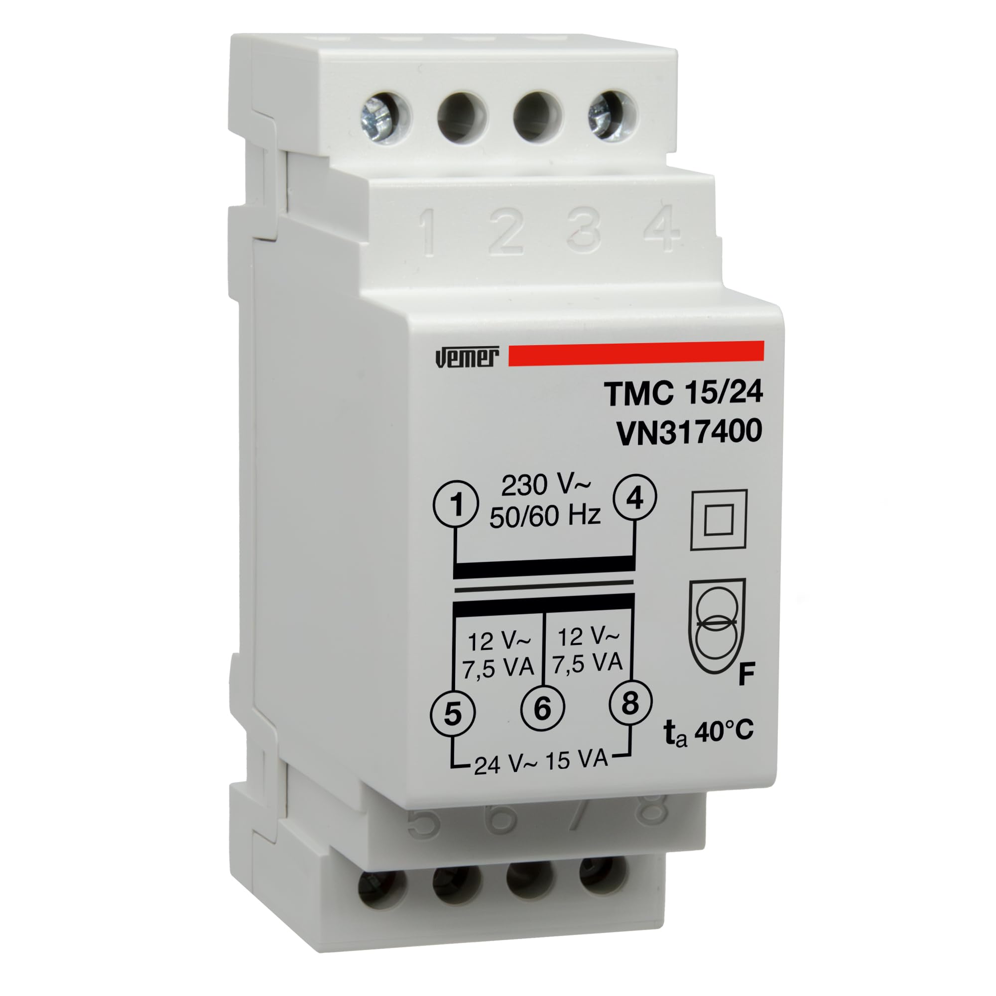 VEMER VN317400 TMC 15/24 - Transformador de Electricidad de Carril DIN Para Servicio Continuo, 230V/12-24V, Potencia 15VA, Blanco